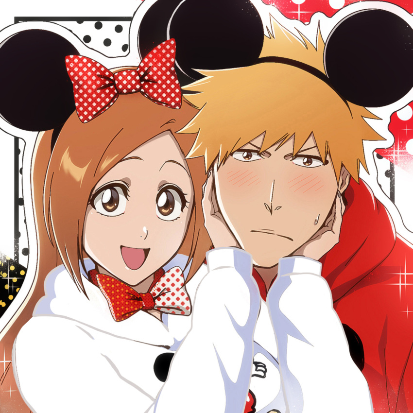 1boy 1girl bleach blush bow brown_eyes couple disney english_commentary hetero highres holding_another's_head hood hoodie inoue_orihime kurosaki_ichigo long_sleeves looking_at_viewer mickey_mouse mickey_mouse_ears open_mouth orange_hair polka_dot polka_dot_bow red_bow red_hoodie rozuberry short_hair sidelocks spiky_hair upper_body white_hoodie