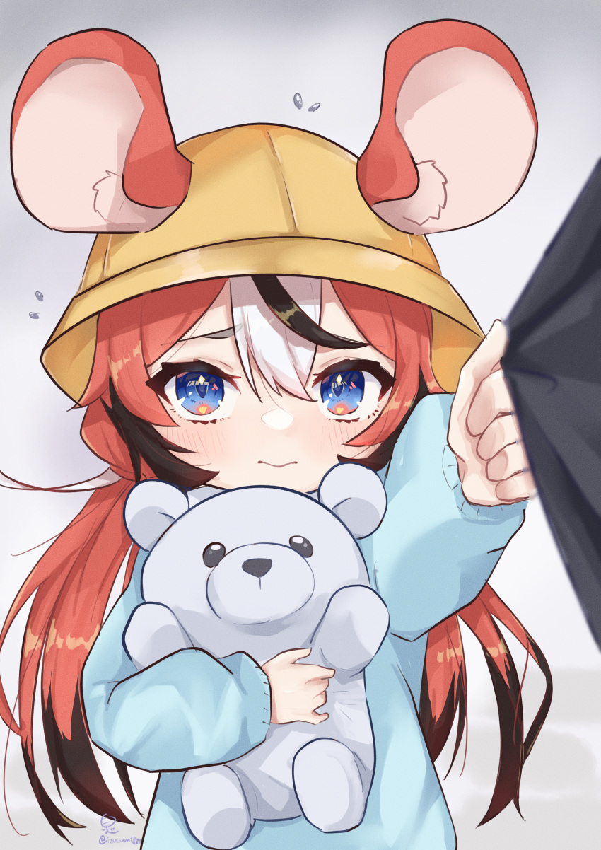 1girl absurdres animal_ears bangs black_hair blue_eyes blush child closed_mouth clothes_pull female_child flying_sweatdrops frown hair_between_eyes hakos_baelz hat highres hirasawa_izumi holding holding_stuffed_toy hololive hololive_english kindergarten_uniform long_hair mouse_ears mouse_girl multicolored_hair pov redhead scared school_hat streaked_hair stuffed_animal stuffed_toy teddy_bear virtual_youtuber white_hair