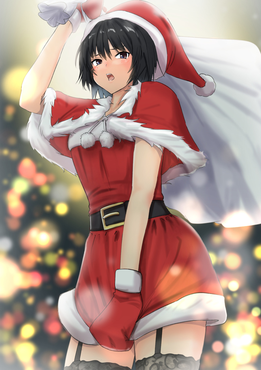 1girl absurdres amagami annoyed arm_up bangs belt belt_buckle black_belt black_hair black_thighhighs blurry blurry_background blush breasts brown_eyes buckle capelet christmas christmas_tree commentary covering covering_crotch cowboy_shot depth_of_field dress dress_tug embarrassed from_below fur_trim furrowed_brow garter_straps hair_between_eyes hat highres holding holding_sack lace-trimmed_thighhighs looking_at_viewer looking_down medium_breasts mittens nanasaki_ai open_mouth pom_pom_(clothes) red_capelet red_dress red_headwear red_mittens sack santa_costume santa_hat short_dress short_hair solo standing teeth thigh-highs upper_teeth white_fur yoo_tenchi