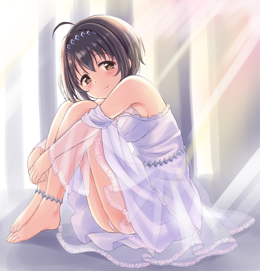 1girl ahoge barefoot black_hair blush decosukedon0 dress from_side highres hugging_own_legs idolmaster idolmaster_cinderella_girls kohinata_miho light_rays looking_at_viewer on_floor panties pantyshot see-through see-through_skirt short_hair sitting skirt sleeveless smile sunbeam sunlight underwear wedding_dress white_dress yellow_eyes