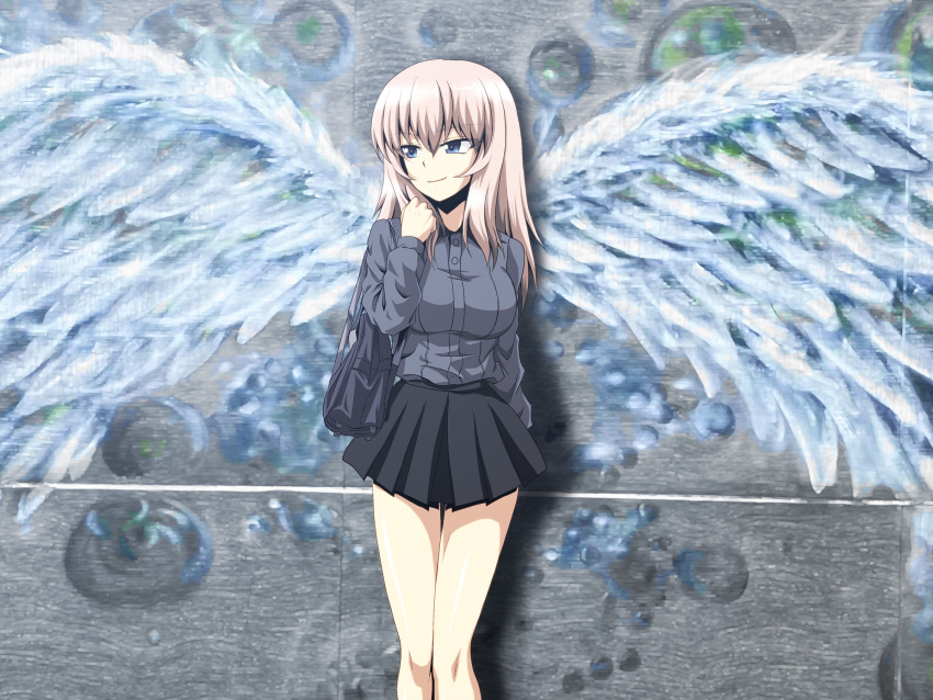 1girl against_wall angel angel_wings bag black_skirt blue_eyes breasts commentary_request feathered_wings girls_und_panzer grey_hair grey_jacket highres itsumi_erika jacket kamishima_kanon kuromorimine_military_uniform large_breasts light_smile long_hair long_sleeves looking_to_the_side pleated_skirt skirt smile solo standing thighs wings