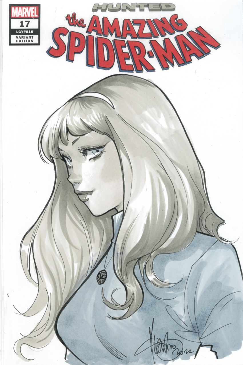 blonde_hair blue_eyes blue_sweater breasts comic_cover commission copyright_name cover cover_page english_commentary gwen_stacy hairband highres jewelry long_hair marvel medium_breasts mirka_andolfo mixed-language_commentary muted_color necklace scan second-party_source signature smile spider-man spider-man_(series) sweater turtleneck turtleneck_sweater western_comics_(style) white_hairband