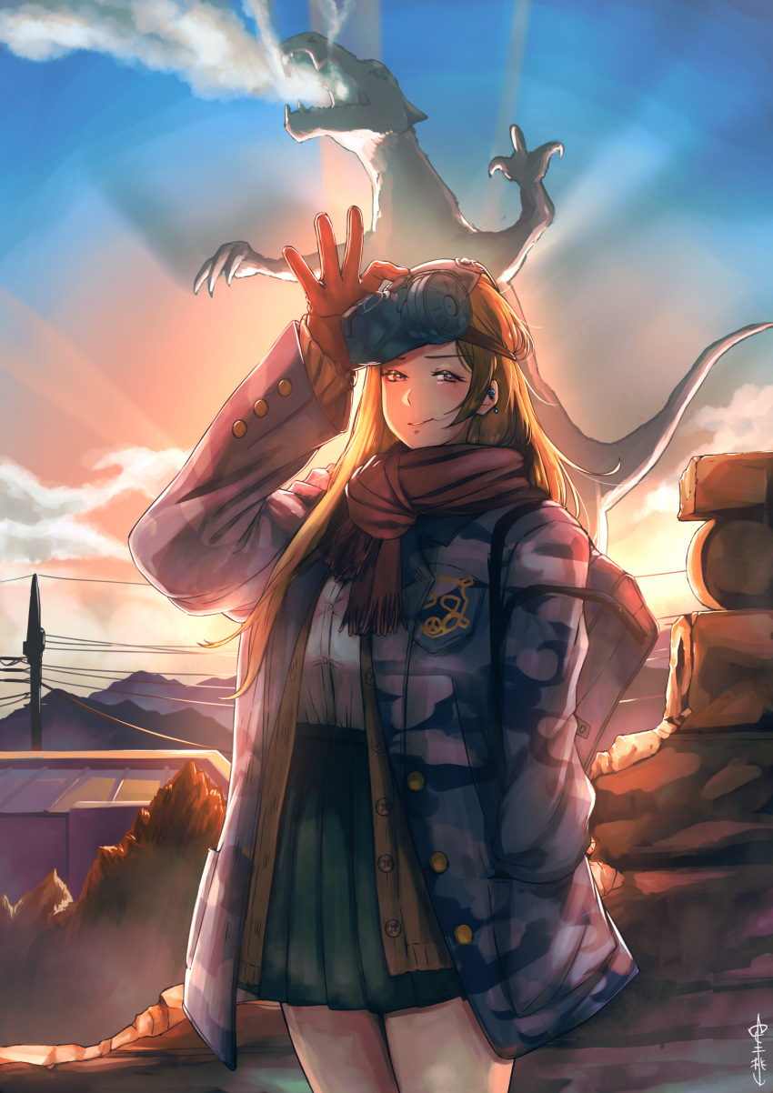1girl absurdres aduti_momoyama aqua_skirt arm_up backpack bag blonde_hair blue_jacket blue_sky breast_pocket brown_cardigan brown_scarf buttons camouflage camouflage_jacket cardigan clouds earrings gas_mask giant giant_monster gloves hand_in_pocket high-waist_skirt highres jacket jewelry kaijuu long_hair long_sleeves mask mask_lift mask_on_head monster mountainous_horizon open_cardigan open_clothes open_jacket original outdoors pink_eyes pleated_skirt pocket power_lines purple_bag red_gloves scarf shirt skirt sky smile standing sunrise white_shirt