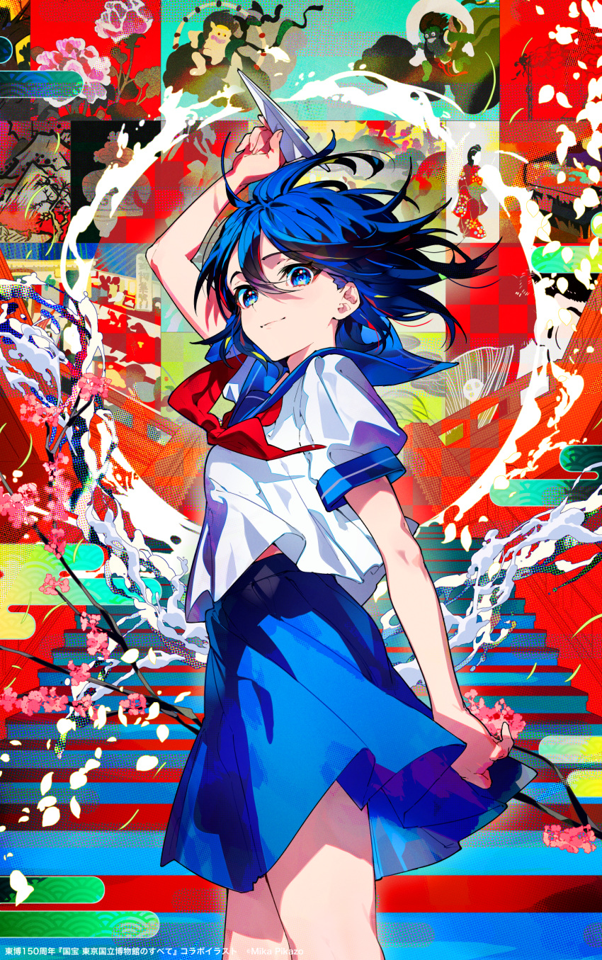 1girl arm_up bangs blue_eyes blue_hair blue_sailor_collar blue_skirt closed_mouth commentary_request from_side highres holding holding_paper_airplane mika_pikazo neckerchief original paper_airplane red_neckerchief sailor_collar school_uniform serafuku short_hair short_sleeves skirt smile solo translation_request