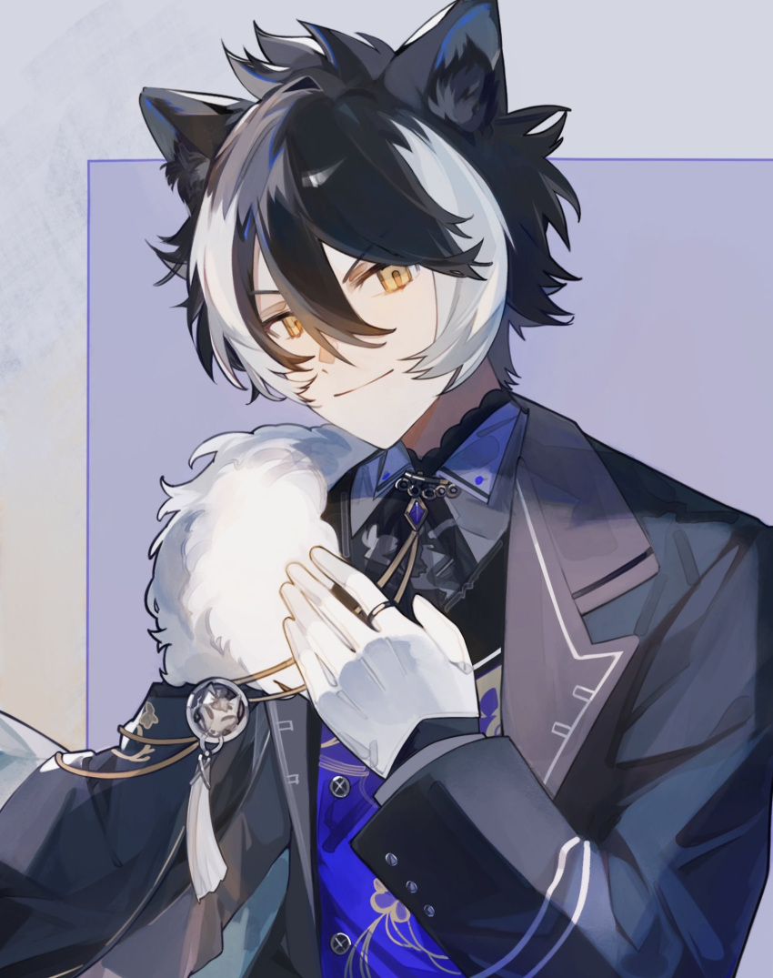 &gt;:) 1boy animal_ears ascot black_ascot black_cape black_hair black_jacket black_shirt cape collared_shirt fur-trimmed_cape fur_trim gloves hair_between_eyes hand_on_own_chest highres holostars jackal_boy jackal_ears jacket jewelry kageyama_shien lapels long_sleeves looking_at_viewer male_focus multicolored_hair notched_lapels official_alternate_costume open_clothes open_jacket outside_border purple_background purple_vest ring shirt short_hair shoulder_cape solo tassel two-tone_hair upper_body v-shaped_eyebrows vest virtual_youtuber white_gloves white_hair yellow_eyes yuumii_0120