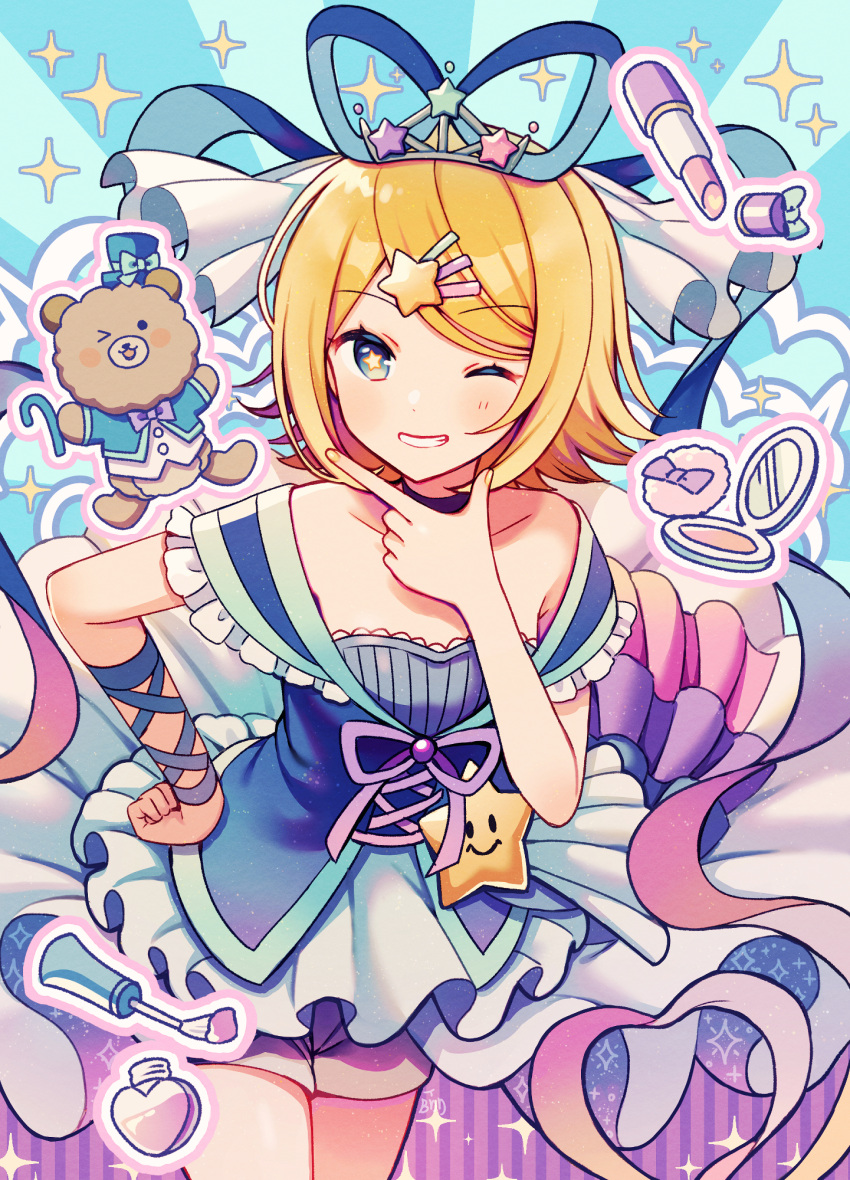 +_+ 1girl arm_ribbon bangs blonde_hair blue_eyes blush compact_(cosmetics) cosmetics cross-laced_dress dress edward-el flipped_hair frilled_sleeves frills grin hair_ornament hair_ribbon hand_on_hip highres kagamine_rin lipstick makeup nail_polish nail_polish_brush off-shoulder_dress off_shoulder one_eye_closed parted_bangs powder_puff ribbon short_hair short_sleeves shorts shorts_under_skirt smile solo sparkle star_(symbol) star_hair_ornament stuffed_animal stuffed_toy teddy_bear vocaloid