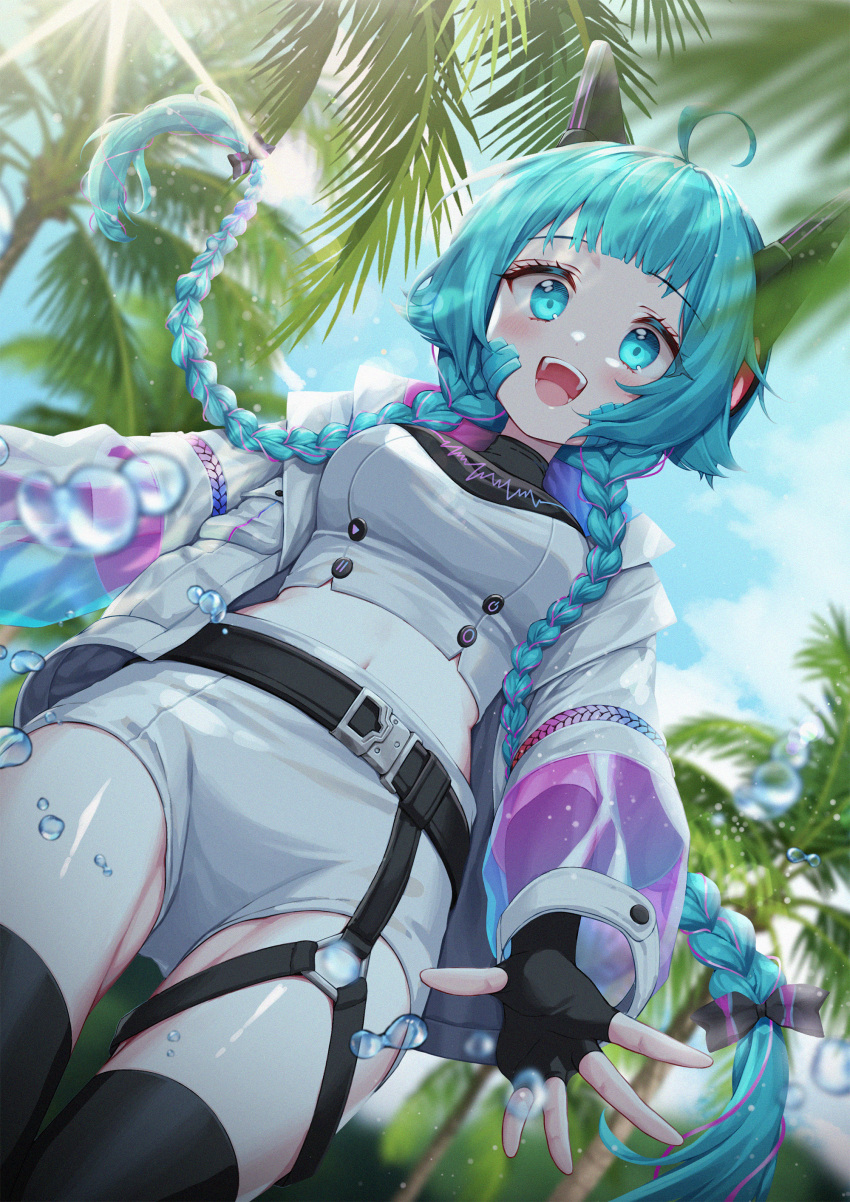 1girl absurdres ahoge bangs belt black_belt black_bow black_gloves black_thighhighs blue_eyes blue_hair blue_sky blunt_bangs bow braid breasts clouds commentary crop_top day elbow_gloves feet_out_of_frame fingerless_gloves from_below gloves hachihachy hair_bow hair_ornament highres jacket long_hair long_sleeves looking_at_viewer medium_breasts midriff multicolored_hair navel open_mouth original outdoors palm_tree pink_hair see-through see-through_sleeves shirt shorts sky smile solo streaked_hair sunlight teeth thigh-highs tree twin_braids upper_teeth very_long_hair water water_drop white_jacket white_shirt white_shorts