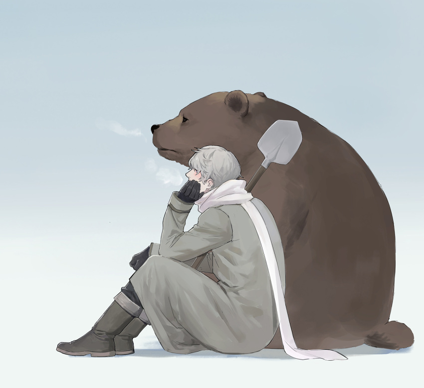 1boy animal axis_powers_hetalia bangs bear black_gloves black_pants boots breath coat covered_mouth from_side full_body gloves grey_coat grey_footwear grey_hair hand_on_own_cheek hand_on_own_face head_rest highres knees_up long_sleeves looking_away pants profile russia_(hetalia) scarf short_hair shovel side-by-side sitting uka402 white_scarf