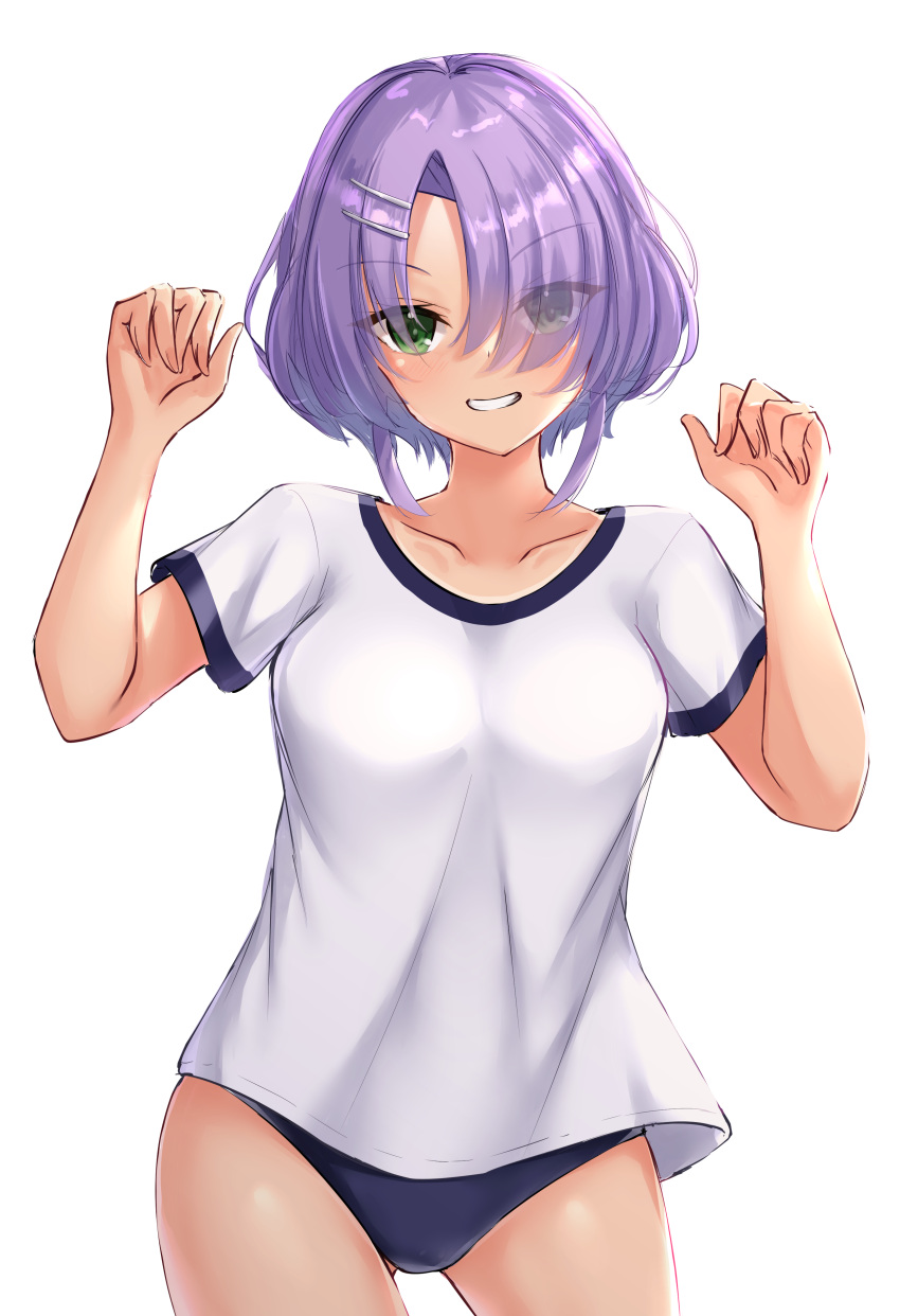 &gt;:) 1girl absurdres ass_visible_through_thighs bangs blush breasts buruma cafe_stella_to_shinigami_no_chou collarbone cowboy_shot dark-skinned_female dark_skin eyebrows_hidden_by_hair eyelashes green_eyes grin gym_uniform hair_over_one_eye hair_strand hands_up highres hiuchidani_mei looking_at_viewer medium_breasts multiple_hairpins ncontrail_(mgax7527) parted_bangs paw_pose shaded_face shirt short_hair sidelocks simple_background smile solo standing tan tanlines v-shaped_eyebrows white_background white_shirt yuzu-soft