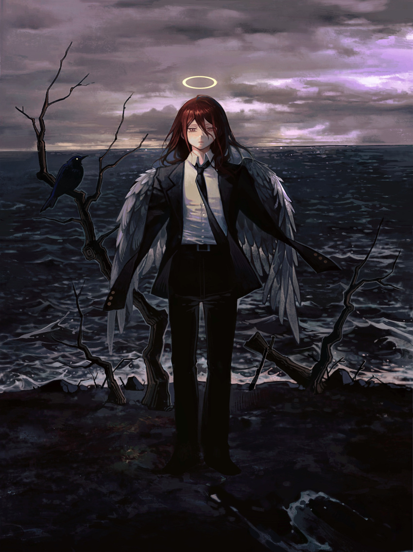 1boy absurdres amputee angel_devil_(chainsaw_man) angel_wings bangs bare_tree bird black_jacket black_necktie black_pants black_suit brown_eyes chainsaw_man chinese_commentary clouds coat collared_shirt commentary_request crow double_amputee expressionless feathered_wings formal full_body grey_sky hair_between_eyes halo highres horizon huli_xiaobai jacket looking_at_viewer male_focus medium_hair missing_limb necktie ocean outdoors overcast pants redhead rock shirt sky solo standing straight-on suit tree water white_shirt white_wings wind wings