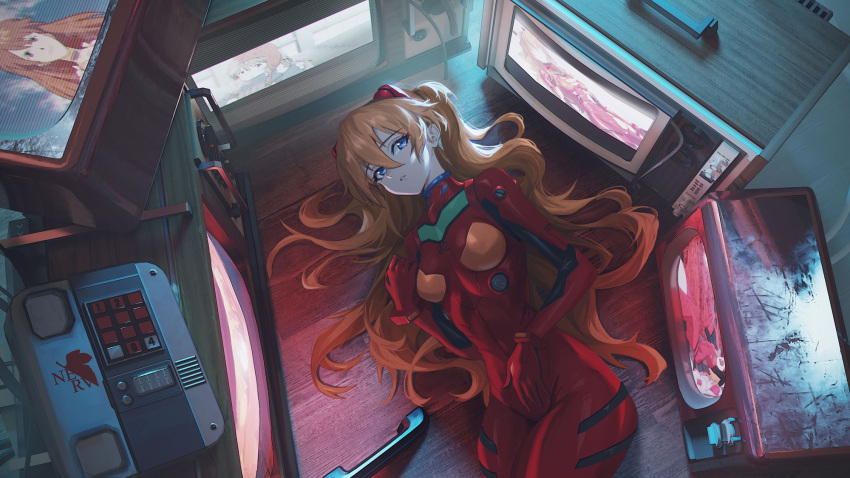 1girl bangs blue_eyes bodysuit breasts brown_hair cola-alter from_above hair_between_eyes headgear highres long_hair looking_at_viewer lying neon_genesis_evangelion on_back parted_lips plugsuit red_bodysuit small_breasts solo souryuu_asuka_langley television very_long_hair wooden_floor