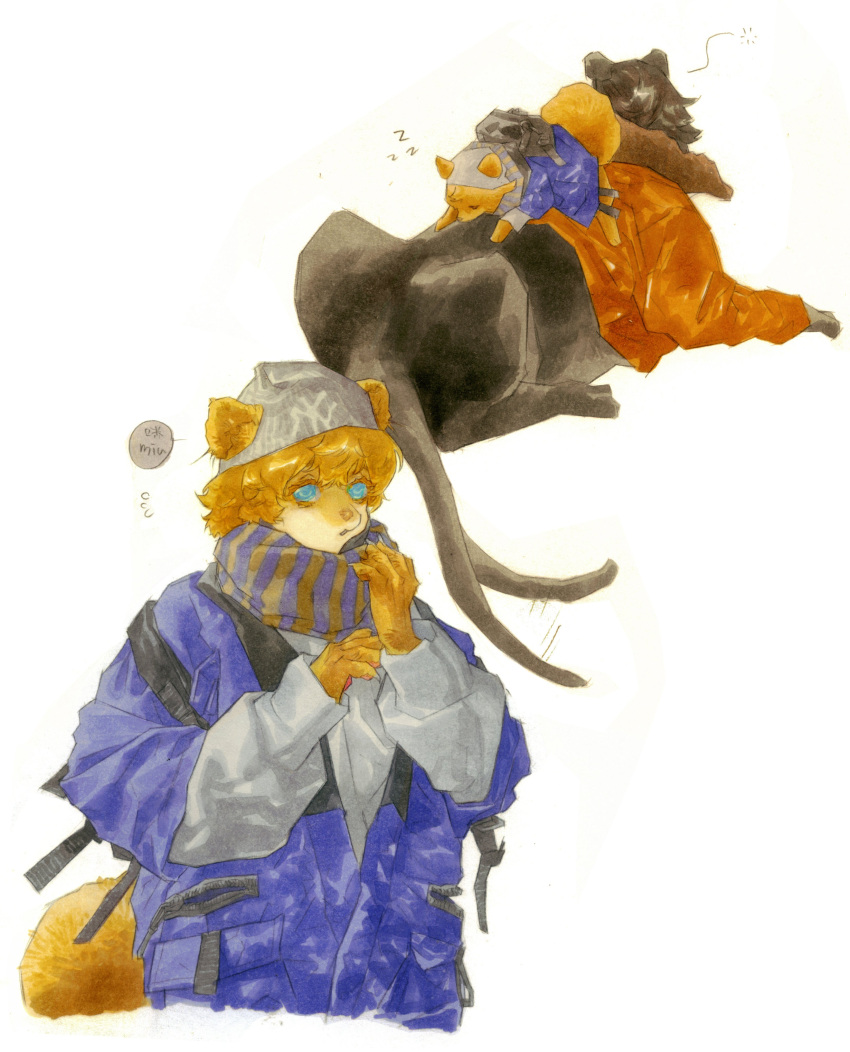 1boy 1girl 5hgohi absurdres afterimage animal aqua_eyes bangs beanie blue_jacket brown_hair cat clothed_animal dog dog_girl ears_through_headwear flying_sweatdrops fur-trimmed_jacket fur_trim furry furry_female hands_up hat highres jacket long_sleeves lying_on_another multiple_views orange_jacket original scarf shirt simple_background sleeping striped striped_scarf tail tail_wagging white_background white_shirt zzz