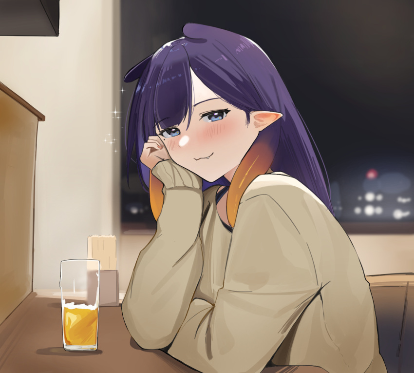 1girl alcohol beer blue_eyes blush cheek_rest closed_mouth cup drinking_glass fang highres hololive hololive_english indoors ku_roiko long_sleeves looking_at_viewer mole mole_under_eye ninomae_ina'nis pointy_ears purple_hair sleeves_past_wrists smile solo sweater tentacle_hair upper_body virtual_youtuber