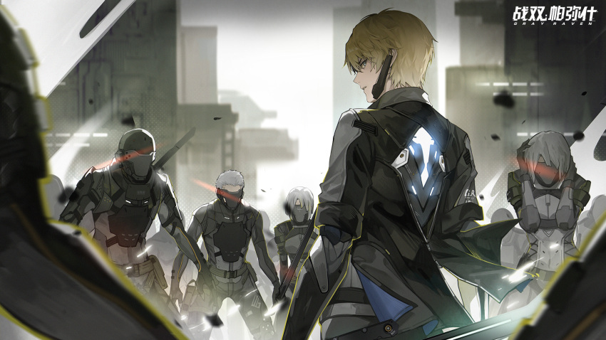 artist_request blonde_hair blue_eyes city frown glowing glowing_eyes highres holding_head jacket lee_(punishing:_gray_raven) looking_at_viewer looking_back mechanical_parts official_art punishing:_gray_raven surrounded