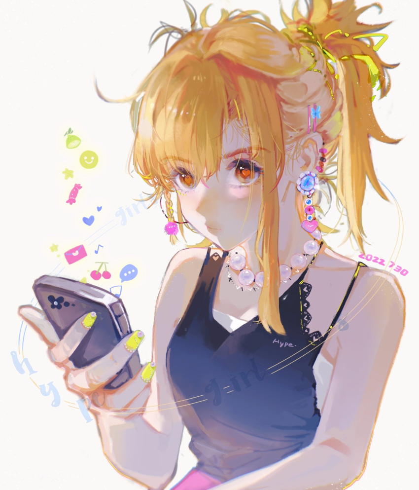 1girl alternate_costume bangs bead_necklace beads blonde_hair braid breasts cellphone closed_eyes dated earrings genshin_impact grey_background hair_between_eyes hair_ornament hairclip heart heart-shaped_pupils highres holding holding_phone jewelry looking_at_viewer musical_note nail_polish necklace orange_eyes phone ponytail side_braid simple_background smartphone solo symbol-shaped_pupils u37777123 upper_body yellow_nails yoimiya_(genshin_impact)