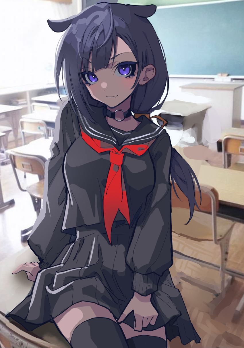 1girl absurdres black_sailor_collar black_shirt black_thighhighs breasts chalkboard choker classroom commentary desk dress highres hololive hololive_english indoors long_hair long_sleeves looking_at_viewer medium_breasts mentally_deficient ninomae_ina'nis o-ring o-ring_choker photo_background purple_hair sailor_collar sailor_dress school_desk shirt skirt solo thigh-highs very_long_hair violet_eyes virtual_youtuber window