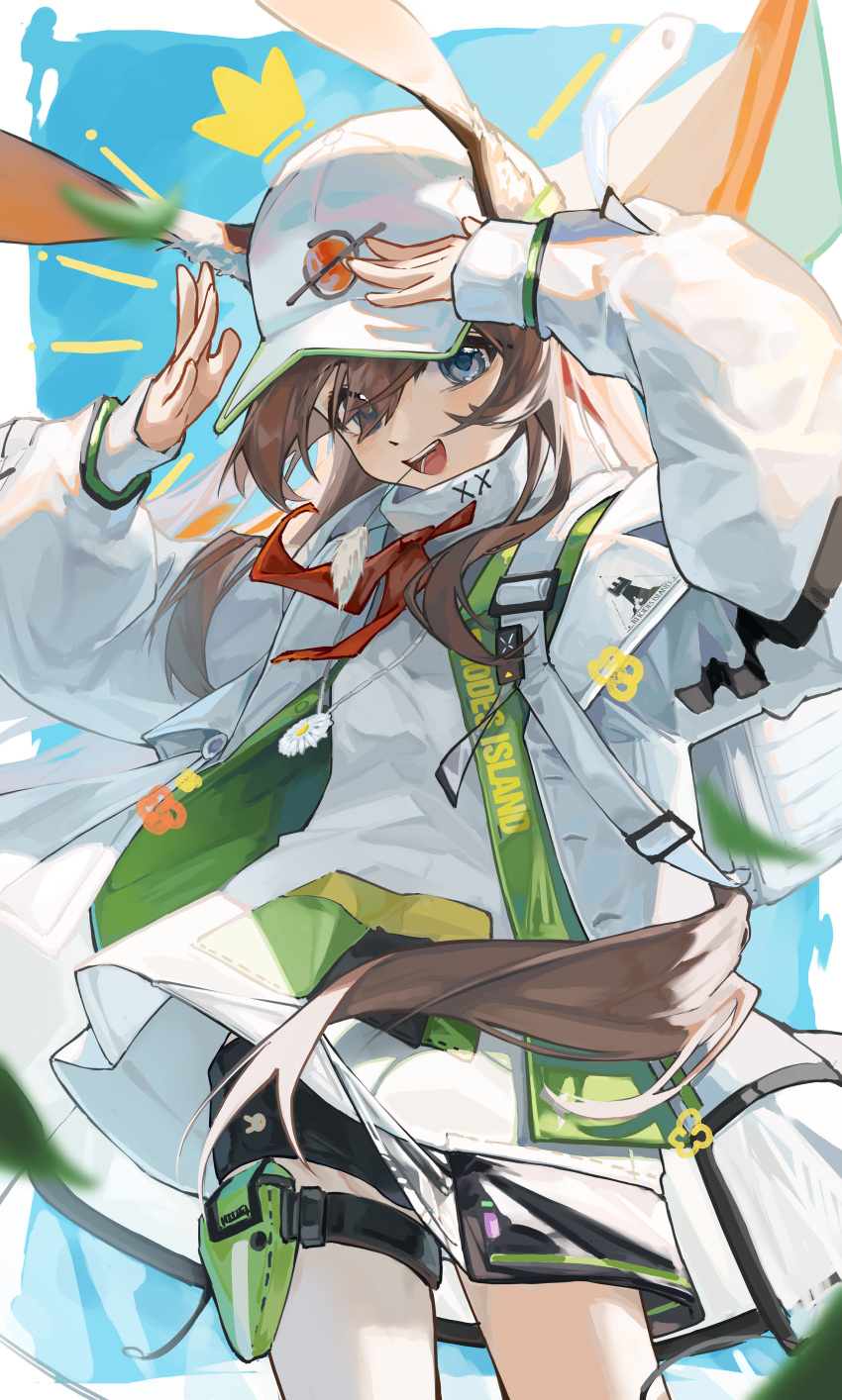 1girl :d absurdres amiya_(arknights) amiya_(planter)_(arknights) animal_ears arknights baseball_cap black_shorts blue_background blue_eyes brown_hair chino_(user_zdyd2447) clothes_writing ears_through_headwear hands_up hat highres long_hair long_sleeves looking_at_viewer neckerchief official_alternate_costume open_mouth rabbit_ears rabbit_girl red_neckerchief shirt shorts sidelocks simple_background smile solo teeth thigh_pouch upper_teeth very_long_hair white_headwear white_shirt