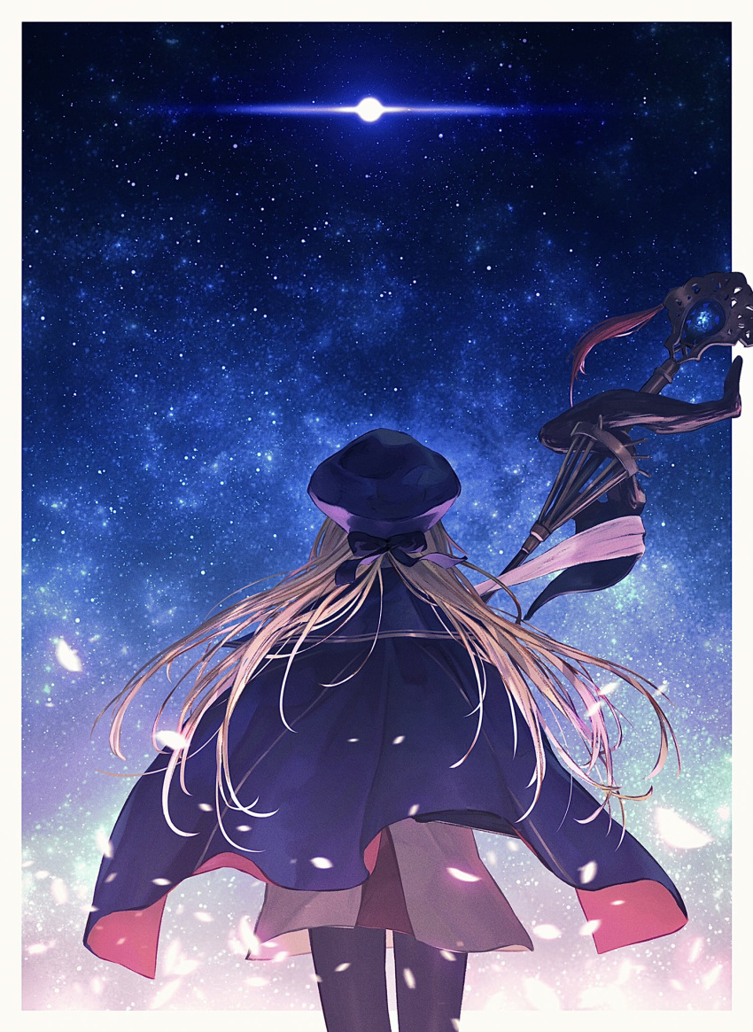 1girl black_pantyhose blonde_hair blue_bow blue_headwear bow brown_dress cape character_request cowboy_shot dress facing_away fate/grand_order fate_(series) floating_hair from_behind hat hat_bow highres holding holding_staff long_hair long_sleeves night night_sky outside_border pantyhose petals shinkami_hiroki sky solo staff star_(sky) starry_sky two-sided_cape two-sided_fabric very_long_hair