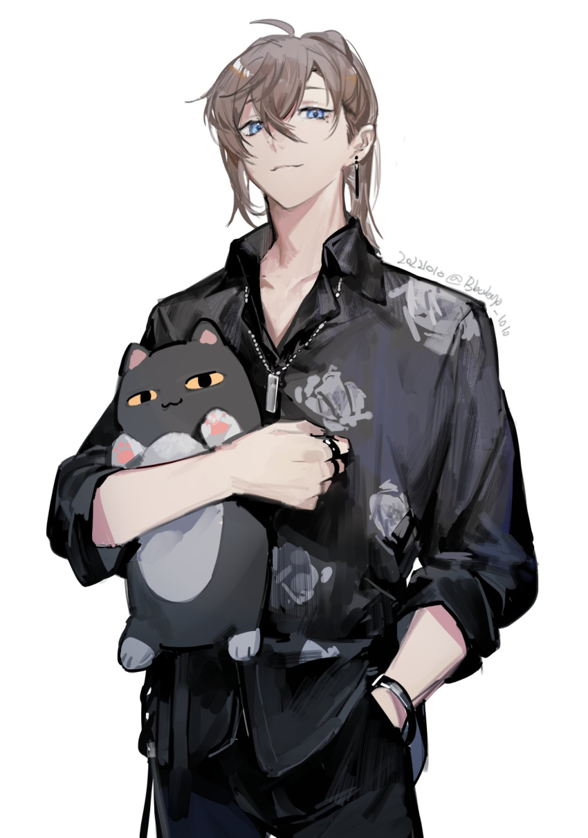 1boy ahoge bangs black_pants black_shirt blue_eyes bokyo bracelet brown_hair clenched_hand closed_mouth collared_shirt cowboy_shot dated earrings hand_in_pocket highres holding holding_stuffed_toy jewelry looking_at_viewer male_focus mole mole_under_eye necklace nijisanji pants ponytail ring roto_(kanae) shirt simple_background sleeves_pushed_up solo stuffed_toy twitter_username virtual_youtuber white_background