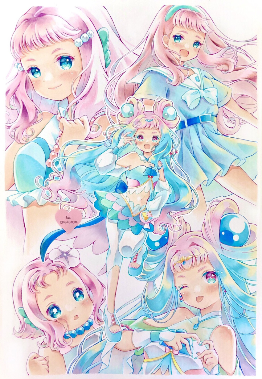 1girl aged_down aozora_middle_school_uniform blue_dress blue_eyes blue_hair blush commentary_request cure_la_mer dress earrings finger_heart gradient_hair hand_on_hip head_fins highres jewelry laura_la_mer lilylily0601 magical_girl marker_(medium) mermaid midriff monster_girl multicolored_hair multiple_views pink_hair precure school_uniform serafuku shell shell_earrings short_bangs smile traditional_media tropical-rouge!_precure