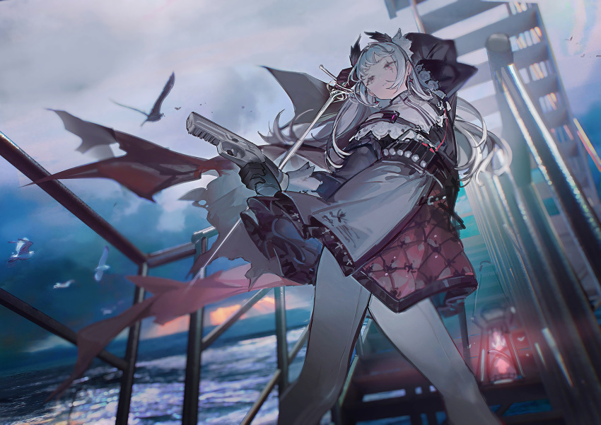1girl absurdres ammunition_belt arknights arm_behind_head black_dress black_gloves clouds cloudy_sky dress evening feet_out_of_frame gloves grey_eyes grey_hair gun head_wings highres holding holding_gun holding_sword holding_weapon irene_(arknights) long_hair neriash outdoors overcast pantyhose pink_dress rapier sky solo sword weapon white_dress white_pantyhose