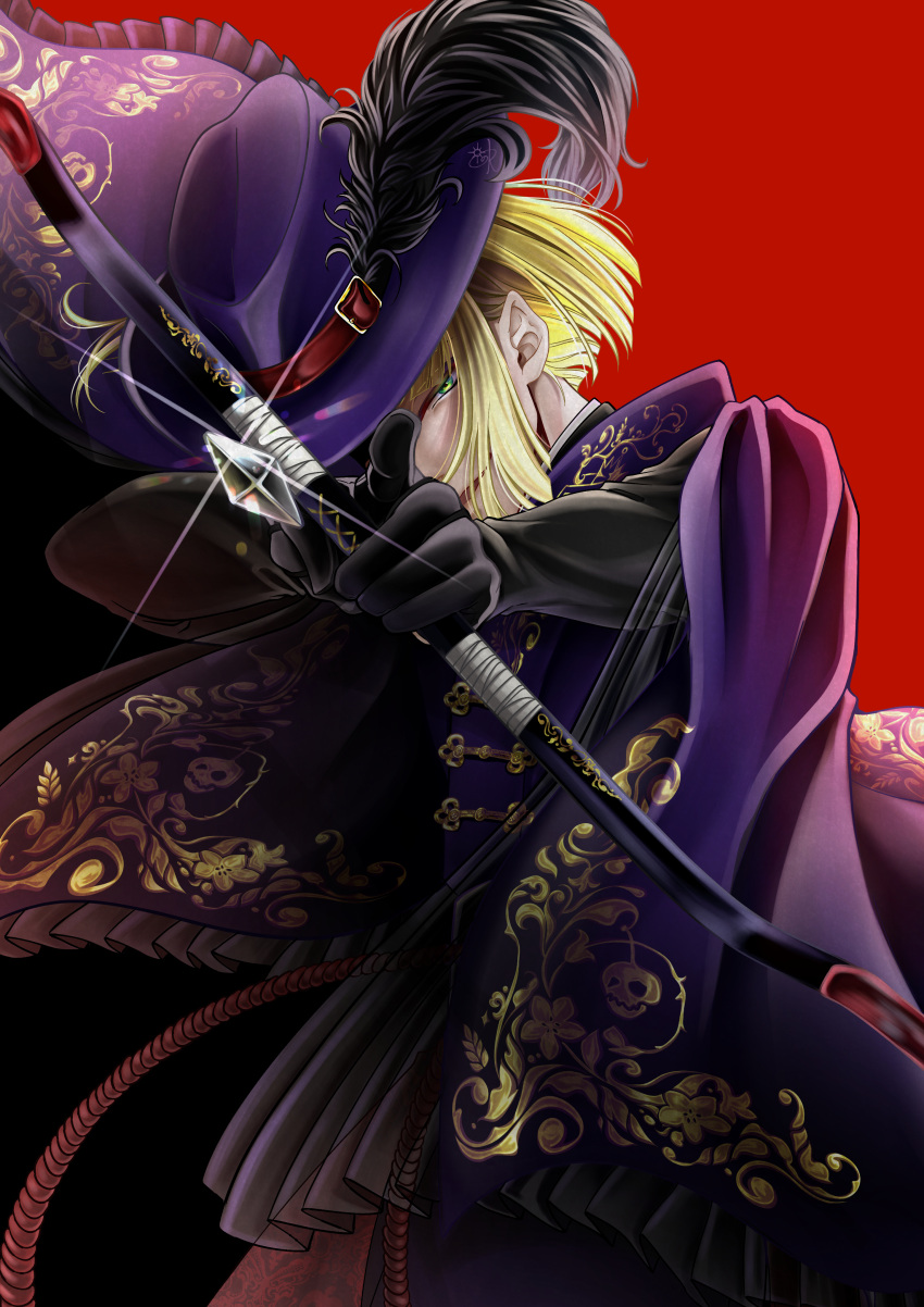 1boy absurdres aiming aiming_at_viewer bangs black_background black_gloves black_shirt blonde_hair blunt_bangs blunt_ends bow_(weapon) cape collared_shirt commentary_request feathers floral_print frilled_cape frills gem glint gloves gold_trim green_eyes hat hat_feather head_tilt highres holding holding_bow_(weapon) holding_weapon jacket kir_glass long_sleeves looking_at_viewer male_focus multicolored_background open_mouth purple_cape purple_headwear purple_jacket red_background rook_hunt shirt short_hair sidelocks simple_background smile solo tsurime twisted_wonderland weapon