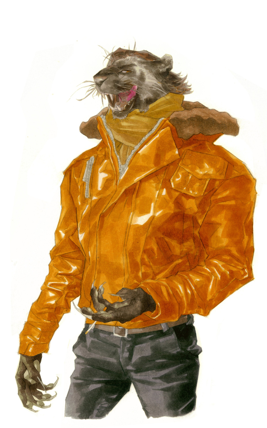 1boy 5hgohi absurdres black_pants brown_hair cat_boy cropped_legs fur-trimmed_jacket fur_trim furry furry_male highres jacket licking_lips long_sleeves looking_at_viewer male_focus open_mouth orange_jacket original pants profile scarf simple_background solo tongue tongue_out white_background yellow_scarf zipper