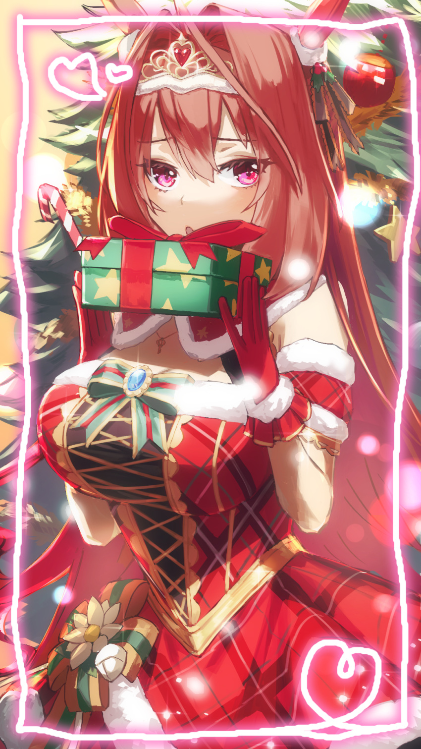 1girl blush bow brooch brown_hair candy candy_cane christmas christmas_ornaments christmas_tree clothing_cutout commentary_request daiwa_scarlet_(scarlet_nuit_etoile)_(umamusume) daiwa_scarlet_(umamusume) dress ear_ornament food gift gloves green_bow hair_intakes highres holding holding_gift holly horse_girl illuminate_the_heart_(umamusume) jewelry long_hair looking_at_viewer necklace official_alternate_costume open_mouth partial_commentary plaid plaid_dress red_dress red_gloves santa_dress short_sleeves shoulder_cutout solo star_(symbol) star_ornament star_print tiara umamusume umeumeduka violet_eyes