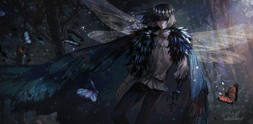 1boy bangs black_hair black_pants blue_eyes bug butterfly cape claws closed_mouth collared_shirt cowboy_shot crown fairy_wings fate/grand_order fate_(series) fur-trimmed_cape fur_trim hair_between_eyes highres insect_wings long_sleeves looking_at_viewer male_focus medium_hair oberon_(fate) oberon_(third_ascension)_(fate) outdoors pants shirt solo standing tree uglykao white_shirt wings