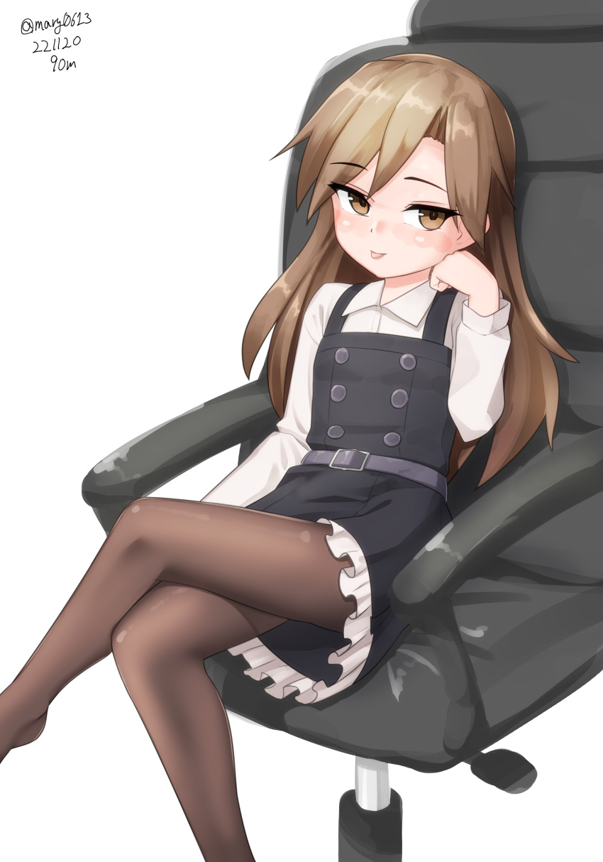 1girl absurdres arashio_(kancolle) arashio_kai_ni_(kancolle) black_pantyhose brown_eyes brown_hair chair crossed_legs dated dress feet_out_of_frame frilled_dress frills highres kantai_collection long_hair long_sleeves maru_(marg0613) one-hour_drawing_challenge pantyhose pinafore_dress shirt sitting solo tongue tongue_out twitter_username white_shirt