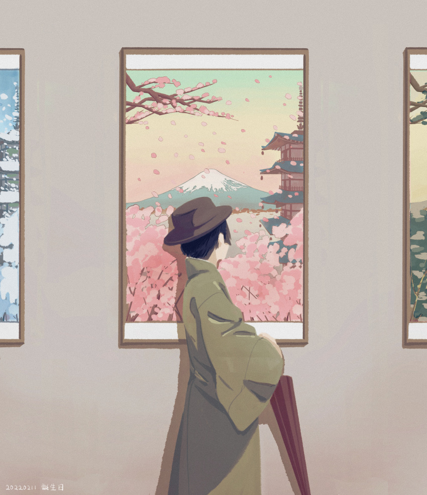 absurdres axis_powers_hetalia bangs black_hair cherry_blossoms closed_umbrella coat cowboy_shot facing_away facing_to_the_side from_side green_coat highres holding holding_umbrella japan_(hetalia) long_sleeves male_focus mount_fuji oil-paper_umbrella pagoda painting_(medium) petals short_hair solo spring_(season) summer tea_(candyfoxx) traditional_media tree umbrella wide_sleeves winter