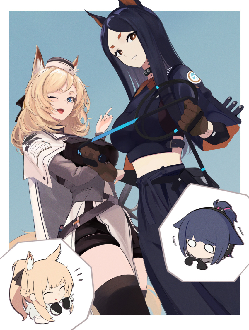 4girls absurdres animal_ears arknights blank_eyes blemishine_(arknights) blonde_hair blue_eyes breasts brown_eyes brown_gloves cape cat_ears collar dobermann_(arknights) dog_ears gloves hat highres holding holding_whip horse_ears horse_tail jessica_(arknights) large_breasts long_hair midriff mikai_2035 mole mole_under_eye multiple_girls one_eye_closed open_mouth ponytail smile studded_collar sword tail thigh-highs weapon whip whislash_(arknights)