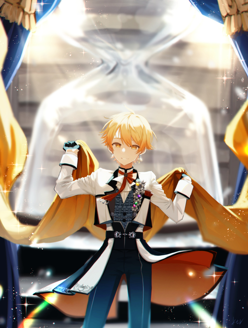 1boy absurdres ascot bangs banner blonde_hair commentary curtains earrings gloves grin half_gloves highres holding hourglass jacket jewelry ktori long_sleeves looking_at_viewer male_focus neck_ribbon pants project_sekai ribbon short_hair single_earring sleeve_cuffs smile solo sparkle tenma_tsukasa vest yellow_eyes
