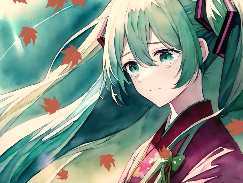 1girl ai-generated aqua_eyes aqua_hair bangs bow closed_mouth commentary crying godzilla_(shph5424) green_bow hair_between_eyes hatsune_miku japanese_clothes kimono leaf long_hair looking_afar maple_leaf portrait red_kimono solo tears twintails vocaloid