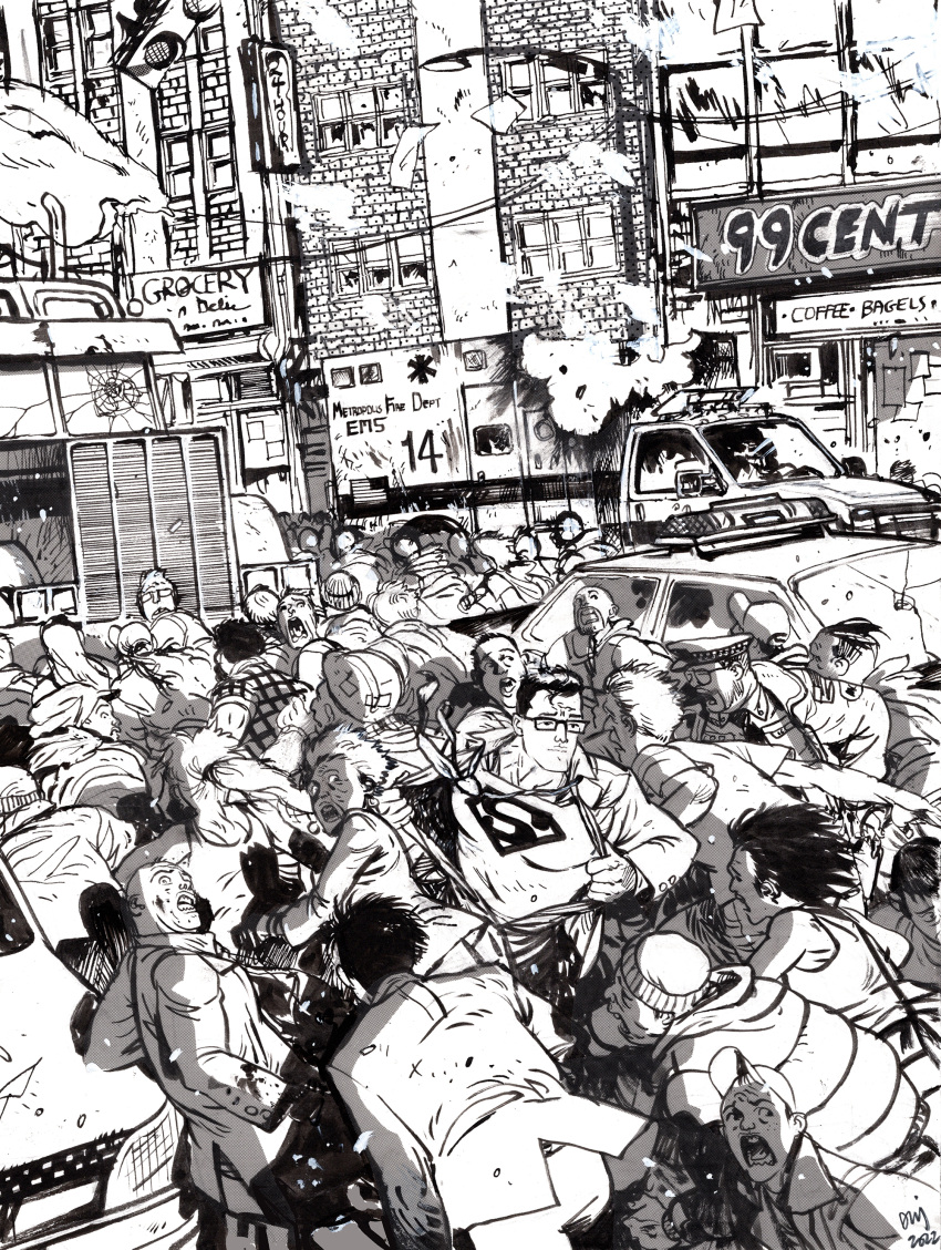 6+boys 6+girls absurdres bodysuit commentary commission daniel_warren_johnson dc_comics debris destruction english_commentary english_text fleeing greyscale highres looking_back male_focus monochrome multiple_boys multiple_girls muscular muscular_male running solo_focus superhero superman superman_(series) warner_bros