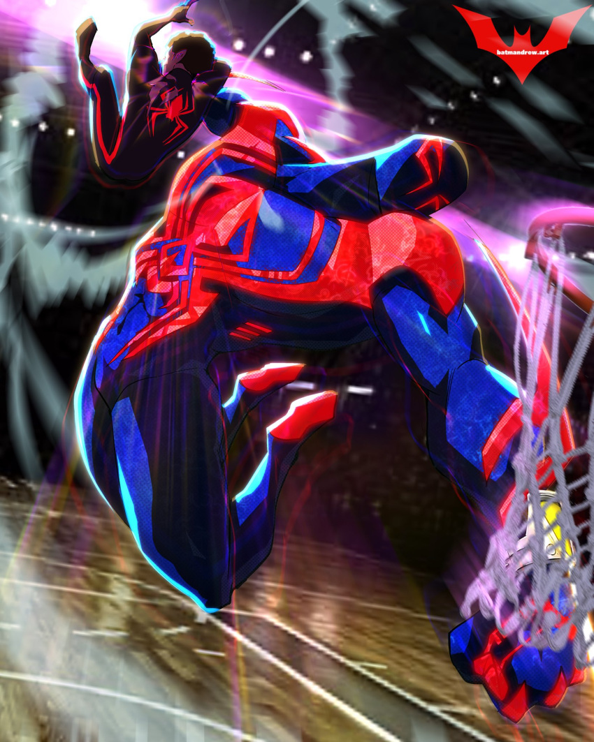 2boys artist_logo artist_name basketball_court basketball_hoop batm_andrew black_bodysuit black_hair blue_bodysuit blurry blurry_background bodysuit claws highres marvel mask miles_morales multiple_boys short_hair spider-man:_across_the_spider-verse spider-man:_into_the_spider-verse spider-man_(2099) spider-man_(miles_morales) spider-man_(series) superhero