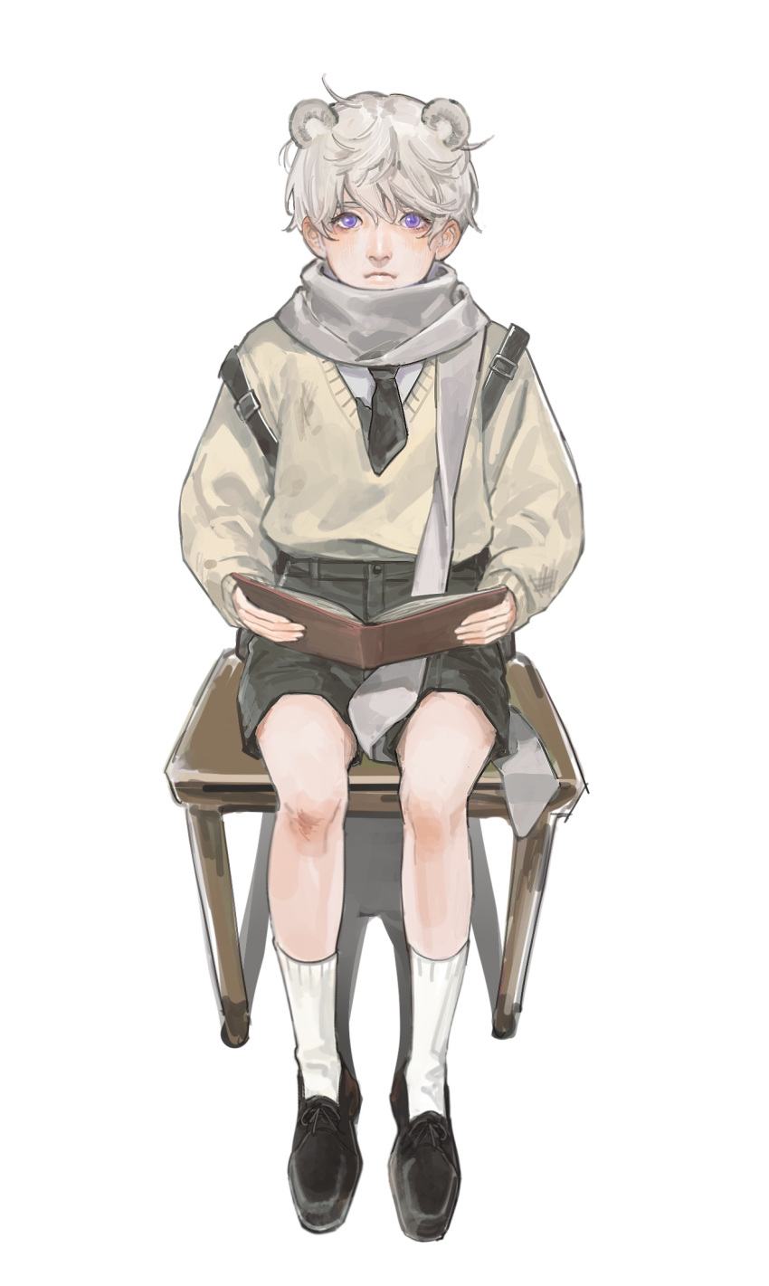 1boy aged_down animal_ears axis_powers_hetalia bangs bear_ears between_legs black_footwear black_necktie black_shorts book chair child closed_mouth extra_ears frown full_body grey_hair highres holding holding_book long_sleeves looking_at_viewer male_child male_focus necktie open_book russia_(hetalia) scarf shirt shoes short_hair shorts simple_background sitting socks solo suspender_shorts suspenders sweater uka402 violet_eyes white_background white_shirt white_socks