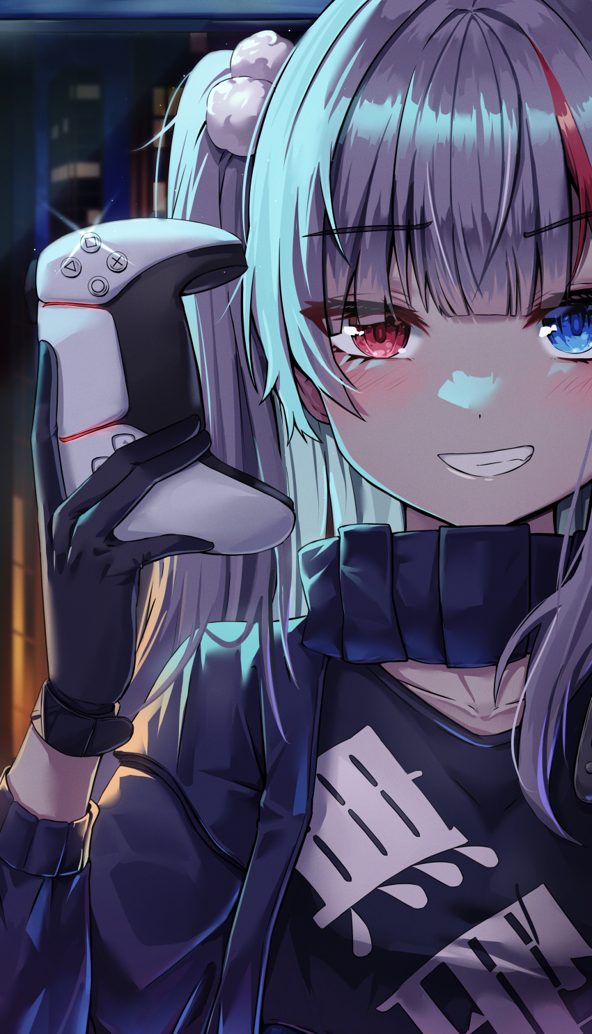 1girl absurdres black_gloves blue_eyes blush commentary controller english_commentary game_controller girls'_frontline_neural_cloud girls_frontline gloves grey_hair grin hair_bobbles hair_ornament heterochromia highres holding holding_controller holding_game_controller jacket kuro_(girls'_frontline_nc) looking_at_viewer mdr_(girls'_frontline) multicolored_hair nalua_h one_side_up pink_hair red_eyes smile solo upper_body