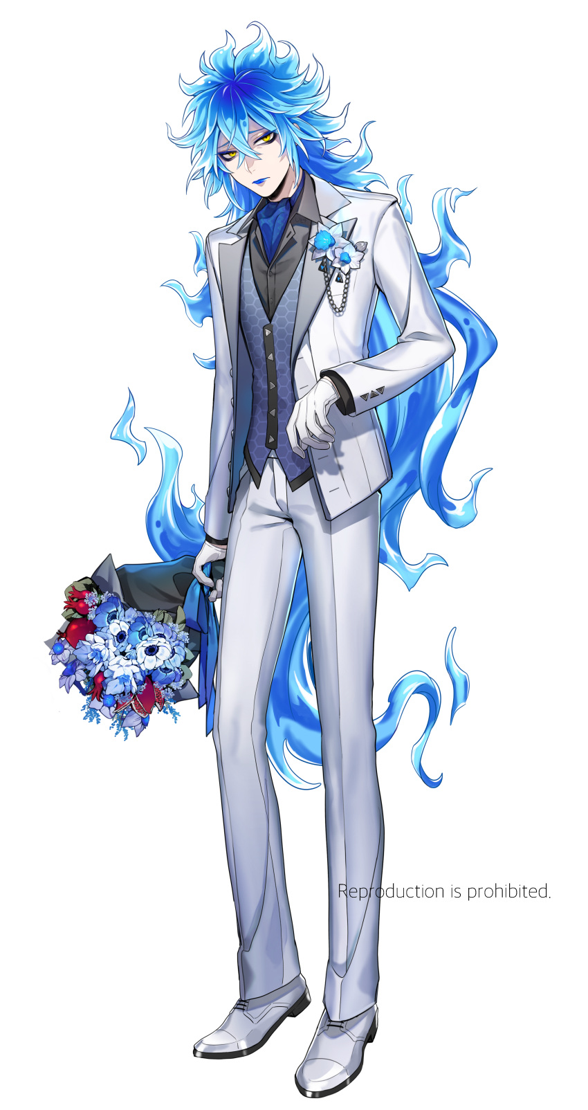 1boy absurdres bangs black_shirt blazer blue_flower blue_hair blue_lips blue_ribbon blue_vest bouquet boutonniere buttons closed_mouth collared_shirt commentary_request crossed_bangs dress_shirt eyeshadow fiery_hair flower food formal fruit full_body gloves hair_between_eyes hexagon_print highres holding holding_bouquet idia_shroud jacket lapels lipstick long_hair long_sleeves looking_at_viewer makeup male_focus official_style open_clothes open_jacket pants pomegranate print_vest ribbon shirt shoes sidelocks simple_background solo standing suit twisted_wonderland user_egdy2875 very_long_hair vest watermark white_background white_flower white_footwear white_gloves white_jacket white_pants wing_collar yellow_eyes