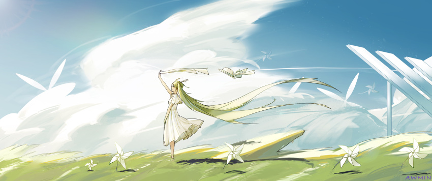 1girl absurdly_long_hair absurdres arm_up awmin bangs clouds dress floating_hair floating_hat grass green_hair hair_ribbon hat hat_ribbon hatsune_miku highres holding holding_cloth long_hair outdoors pinwheel ribbon short_hair sky solar_panel solo twintails very_long_hair vocaloid wind windmill