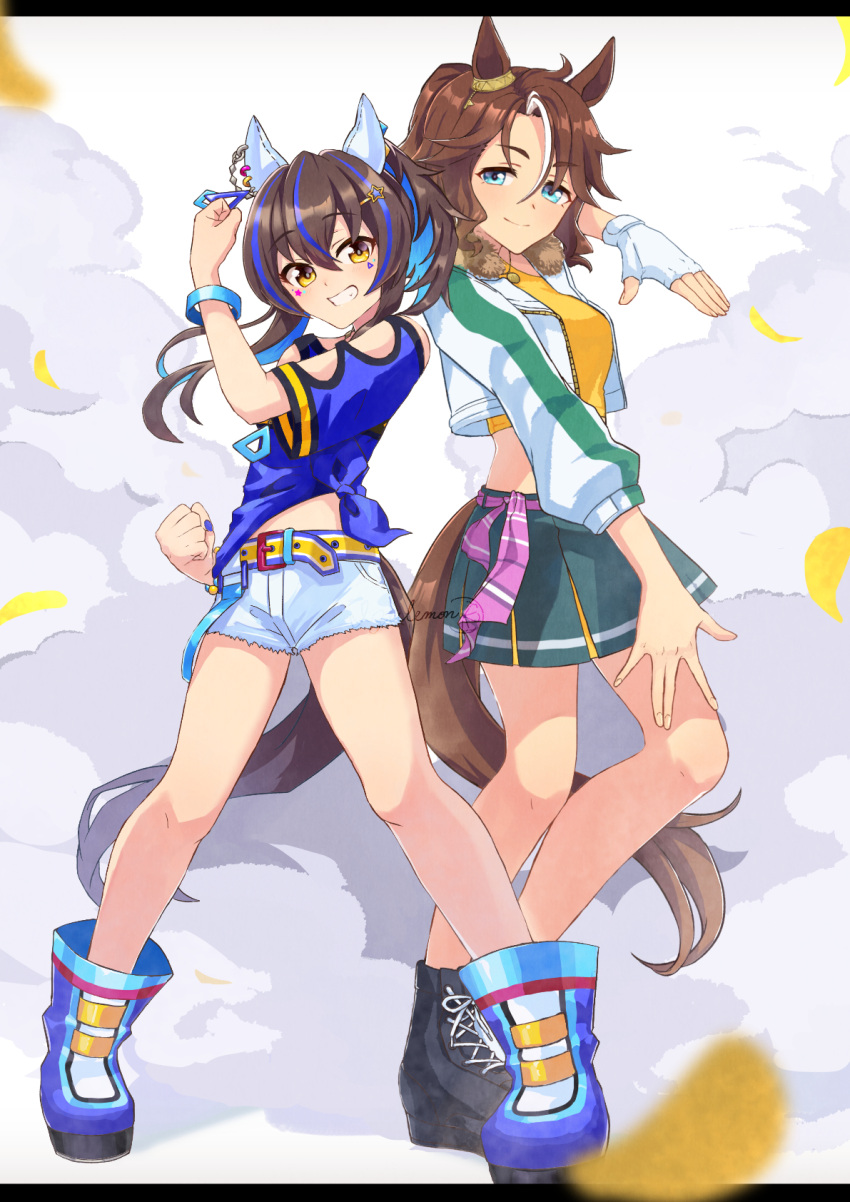 2girls animal_ears bangs belt black_footwear blue_footwear blue_shirt blush boots breasts clenched_hands clenched_teeth closed_mouth colored_inner_hair crop_top cross-laced_footwear cutoffs daitaku_helios_(umamusume) ear_covers fingerless_gloves futari_wa_precure gloves green_eyes green_skirt highres horse_ears horse_girl horse_tail izu_lemon jacket lace-up_boots legs_apart letterboxed long_sleeves looking_at_viewer mejiro_palmer_(umamusume) miniskirt multicolored_hair multiple_girls parted_bangs precure shirt shorts single_glove skirt small_breasts smile smoke standing streaked_hair tail teeth tied_shirt twitter_username umamusume watermark white_gloves white_jacket white_shorts wristband yellow_eyes yellow_shirt