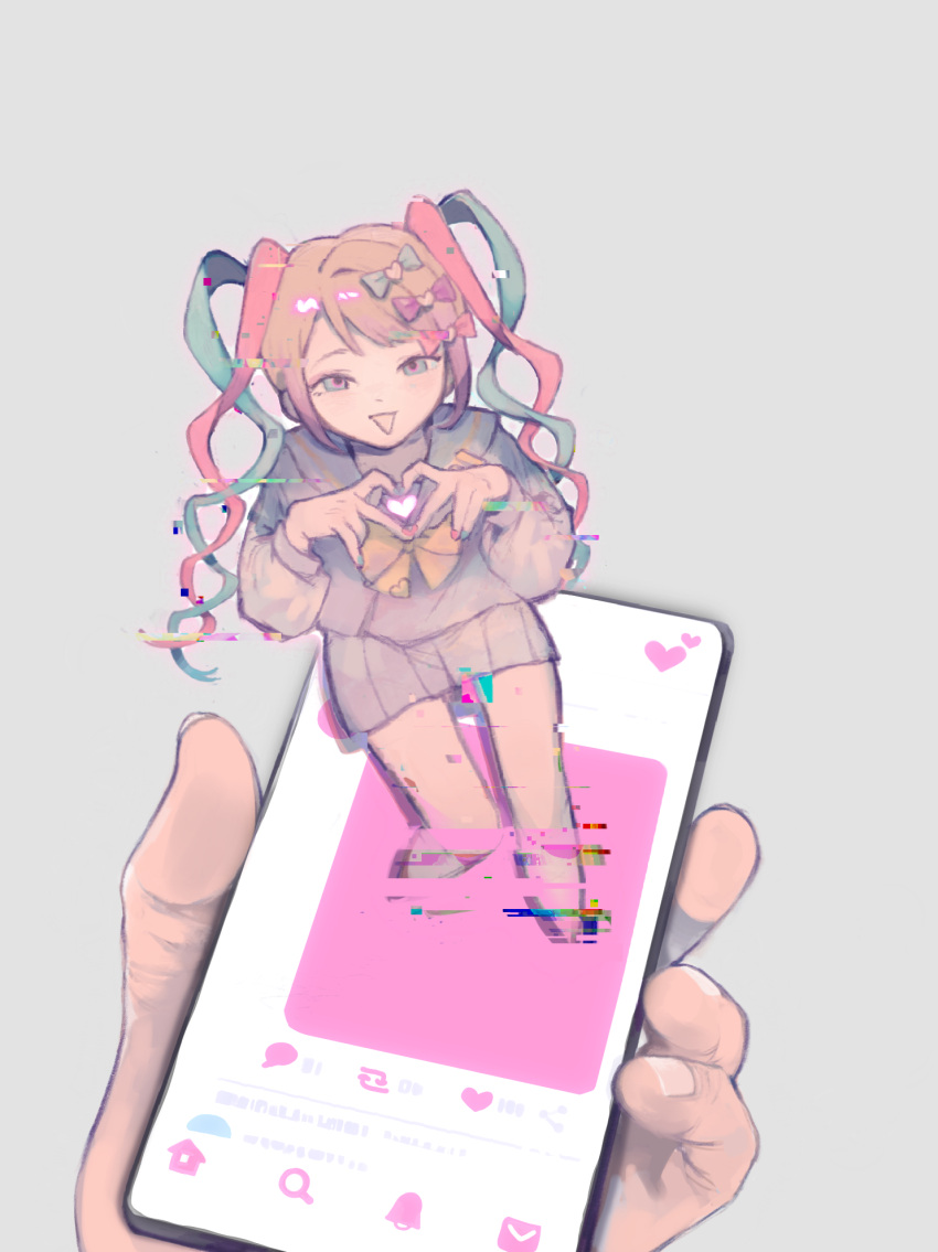 1girl bangs blonde_hair blue_bow blue_eyes blue_hair blue_shirt blue_skirt blush bow cellphone chouzetsusaikawa_tenshi-chan glitch grey_background hair_bow hair_ornament heart heart_hands highres holding holding_phone imercurius long_hair long_sleeves looking_at_viewer multicolored_hair needy_girl_overdose open_mouth phone pink_bow pink_hair pleated_skirt purple_bow quad_tails sailor_collar school_uniform serafuku shirt simple_background skirt smartphone smile twintails very_long_hair yellow_bow