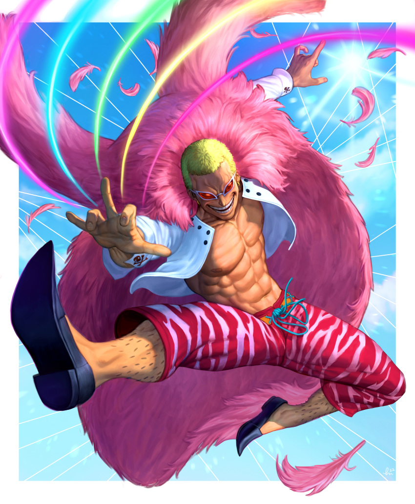 1boy absurdres black_footwear blonde_hair blue_sky caroline_gariba coat donquixote_doflamingo feather_coat feathers flying highres leg_hair male_focus multicolored_clothes muscular muscular_male navel one_piece open_clothes open_mouth pink_coat shirt short_hair sky smile sunglasses sunlight teeth thread white_shirt