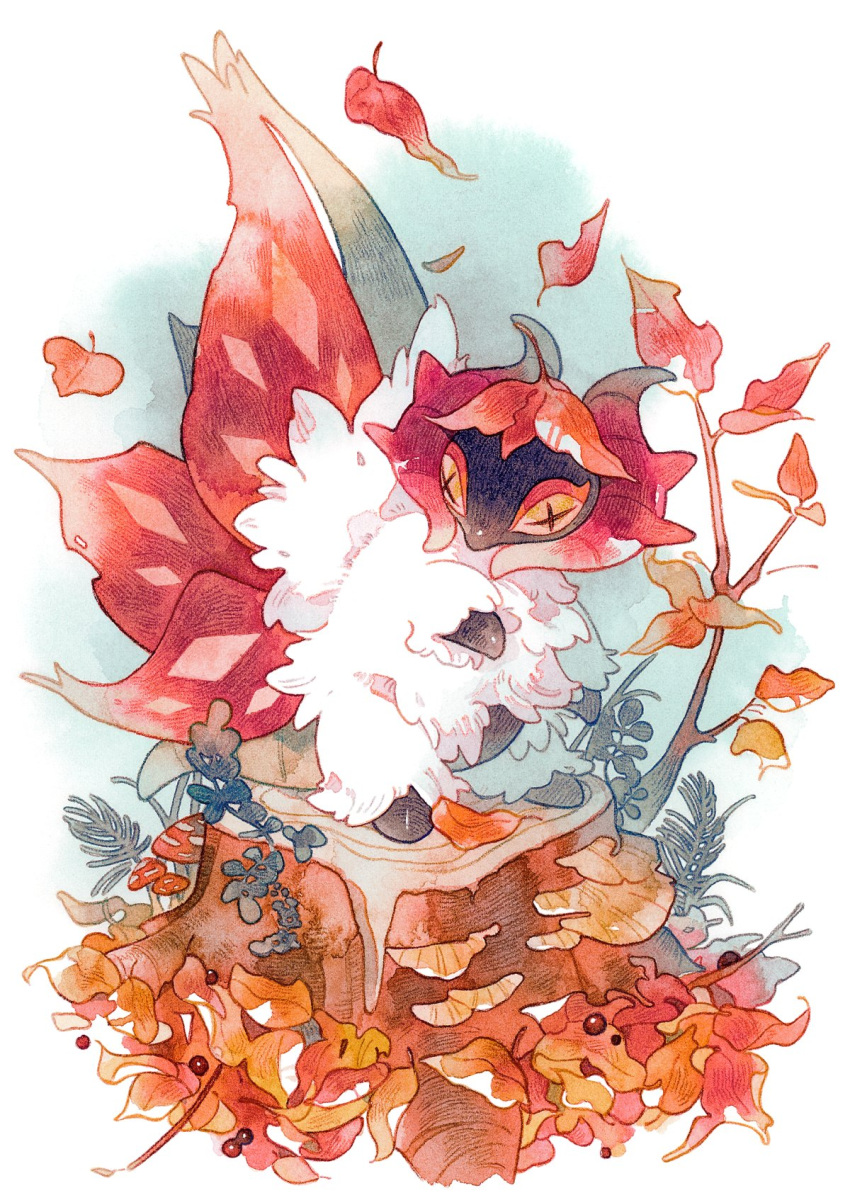 +_+ autumn falling_leaves full_body highres leaf looking_to_the_side no_humans oharu-chan pokemon pokemon_(creature) slither_wing solo tree_stump white_fur yellow_eyes