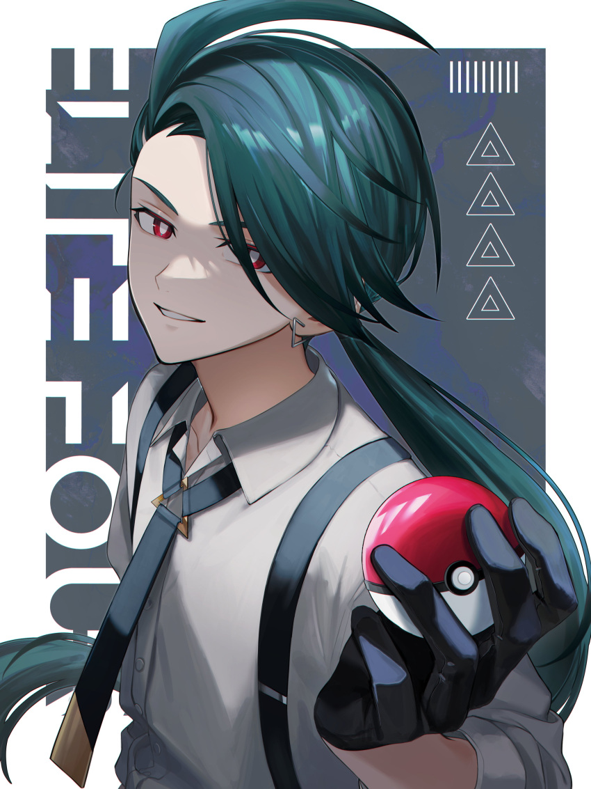 1girl absurdres ahoge bangs black_gloves black_necktie bright_pupils buttons collared_shirt commentary_request earrings gloves green_hair hand_up highres holding holding_poke_ball iyo_(iyoo) jewelry long_hair necktie parted_lips poke_ball poke_ball_(basic) pokemon pokemon_(game) pokemon_sv red_eyes rika_(pokemon) shirt smile solo suspenders upper_body white_pupils