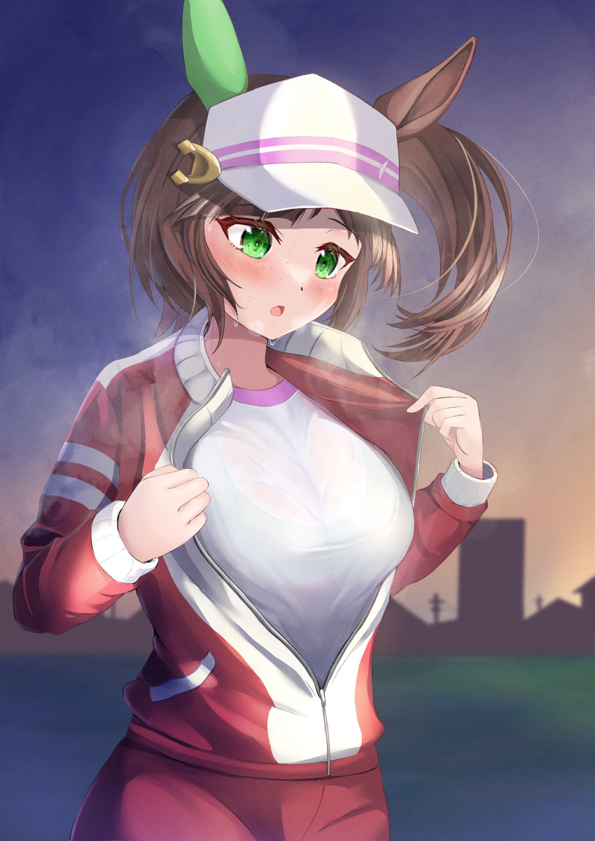 1girl absurdres animal_ears blush breasts brown_hair commentary_request freckles green_eyes highres horse_ears horse_girl ines_fujin_(umamusume) jacket large_breasts open_clothes open_jacket open_mouth see-through shuten_(shutehaan) side_ponytail sky solo sunset track_jacket umamusume visor_cap wet wet_clothes