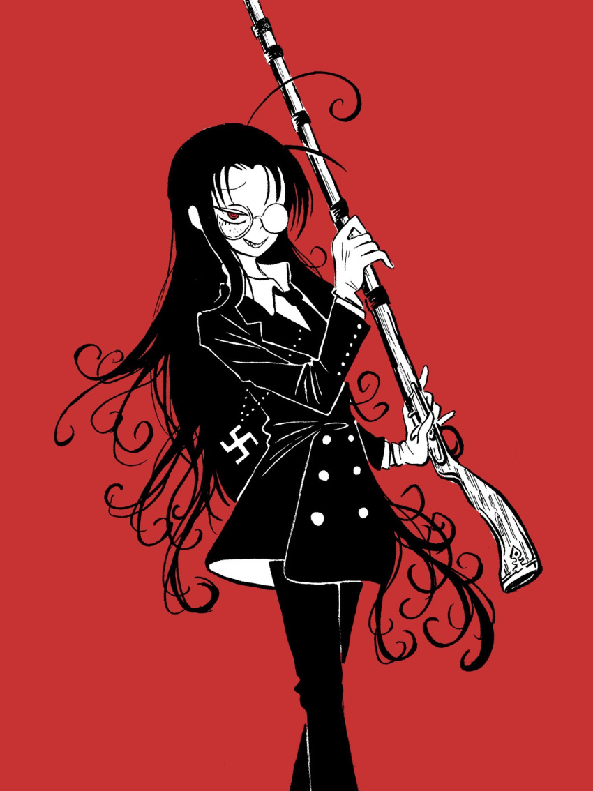 1girl ahoge antique_firearm coat collared_shirt feet_out_of_frame firelock flintlock glasses gloves greyscale grin gun hellsing highres holding holding_gun holding_weapon jezail long_hair monochrome musket nazi necktie opaque_glasses pants partially_opaque_glasses red_background red_eyes rifle rip_van_winkle round_eyewear shi_(yotsuhaka) shirt simple_background smile spot_color swastika swastika_necklace very_long_hair wavy_hair weapon
