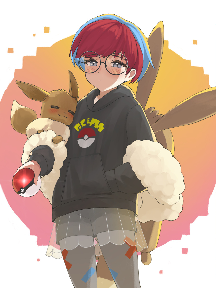 1girl absurdres bangs blue_hair blush closed_mouth commentary_request cowboy_shot eevee glasses grey_eyes hand_in_pocket highres holding holding_poke_ball hood hoodie long_sleeves looking_at_viewer multicolored_hair pantyhose pearlbbbb penny_(pokemon) poke_ball poke_ball_(basic) pokemon pokemon_(creature) pokemon_(game) pokemon_on_arm pokemon_sv redhead round_eyewear see-through see-through_skirt short_hair shorts shorts_under_skirt skirt two-tone_hair
