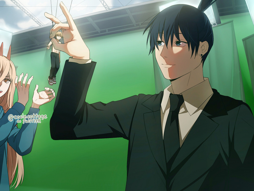1girl 2boys black_hair black_jacket black_necktie black_pants blonde_hair blue_eyes blue_jacket chainsaw_man collared_shirt cosiecottage cross-shaped_pupils denji_(chainsaw_man) earrings formal fox_shadow_puppet green_screen hayakawa_aki highres horns jacket jewelry long_hair looking_at_viewer looking_to_the_side midair multiple_boys necktie open_mouth out_of_frame pants power_(chainsaw_man) red_horns sharp_teeth shirt short_hair smile stud_earrings suit symbol-shaped_pupils teeth topknot topless_male twitter_username v white_shirt yellow_eyes