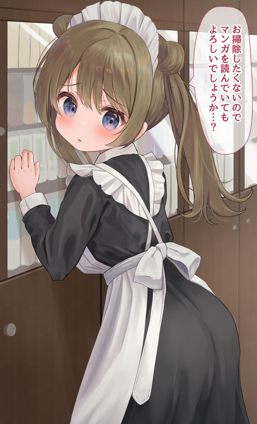 1girl apron bangs black_dress blue_eyes blush brown_hair commentary_request double_bun dress frilled_apron frills hair_between_eyes hair_bun highres indoors long_hair long_sleeves looking_at_viewer looking_back maid maid_apron maid_headdress mimikaki_(men_bow) original parted_lips solo translation_request twintails white_apron